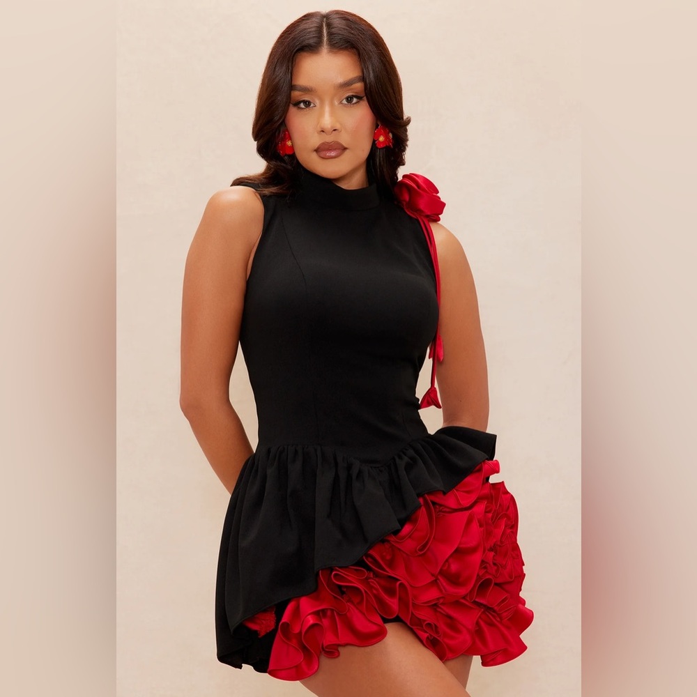 Black & Red Sleeveless Ruffle Hem Dress